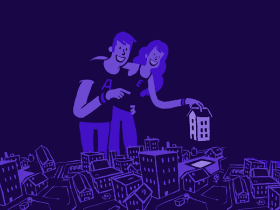 ilustración pareja en ciudad eigiendo su casa