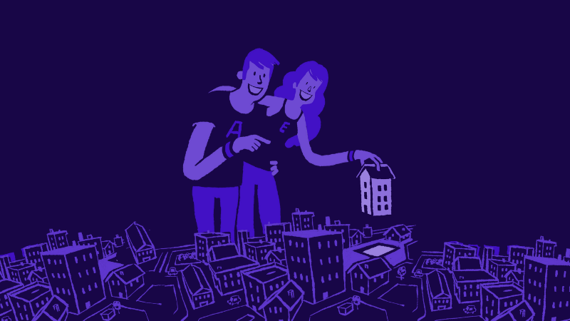 ilustración pareja en ciudad eigiendo su casa